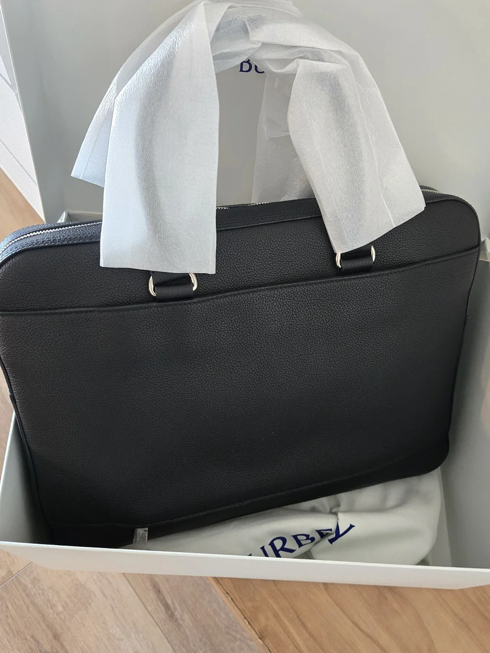 Burberry Knight Stamp Black Leather Briefcase - Sleek Professional Laptop Bag